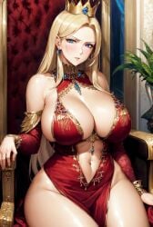 1girls 2023 ai_generated attack_on_titan bangs big_breasts blonde_hair blue_eyes breasts_bigger_than_head cleavage clothed_female crown curvy_body curvy_female curvy_figure disappointed disapproval earrings frowning furrowed_brow gold_jewelry gold_trim golden_crown hair_between_eyes historia_reiss hourglass_figure huge_breasts jewelry large_breasts long_hair mature mature_female milf navel necklace princess queen red_dress royalty scowl sitting sitting_on_throne solo_focus stable_diffusion throne voluptuous voluptuous_female