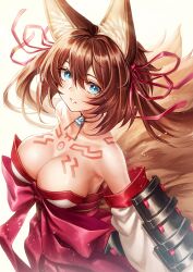 bare_shoulders blue_eyes brown_hair caleen_keemosn choker cleavage commission detached_sleeves eyebrows_visible_through_hair female female_only fox_ear fox_girl fox_tail hair_ribbon huge_breasts kemonomimi kitsunemimi looking_at_viewer miko multiple_tails oh_you_udon runes safe_for_work simple_background smile star_ocean star_ocean_anamnesis twintails very_long_hair