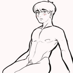 abs armin_arlert athletic athletic_male attack_on_titan blush femboy looking_at_viewer male male_focus male_only naked nipples nwarissi penis penis_out penis_peek pubic_hair sitting twink