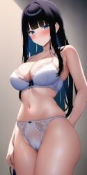 ai_generated black_hair blue_eyes blush breasts completely_nude embarrassed hips mahouka_koukou_no_rettousei naked nude pussy shiba_miyuki stable_diffusion thighs