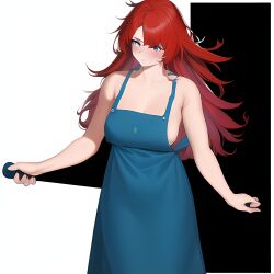 ai_generated almost_naked apron apron_only breasts huge_breasts kimi_ga_shine long_hair looking_away messy_hair nai_diffusion nao_egokoro no_background red_hair