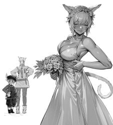 armpits big_breasts bouquet cat_ears crying female final_fantasy final_fantasy_xiv grayscale happy jamjam jamjamstyle lalafell miqo'te monochrome tail tataru_taru tears wedding_dress y'mhitra y'shtola