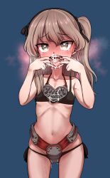 1girls 2d absurdres aomushi_(mushamusha) armor belly bikini bikini_armor black_bikini blue_background blush brown_eyes chastity chastity_belt chastity_device cum_in_mouth female female_chastity female_only girls_und_panzer hand_on_mouth hand_on_own_throat heart heart-shaped_pupils highres jewelry leaking leaking_pussy light_brown_hair looking_at_viewer navel necklace one_side_up open_mouth public_use shimada_arisu sign skinny standing swimsuit symbol-shaped_pupils tearing_up