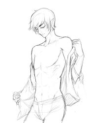 1boy 2014 adventure_time anime_style belly belly_button breasts cartoon_network fangcovenly looking_at_another marshall_lee muscles pants portrait rough_sketch short_hair solo solo_focus solo_male standing taking_clothes_off vampire white_background