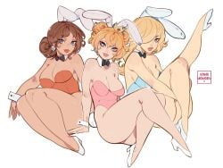 3girls animal_ears bent_legs blonde_hair blue_eyes brown_hair bunny_ears bunny_girl bunny_tail bunnysuit cleavage clothing crossed_legs crown detached_collar fake_animal_ears fake_tail female female_only full_body hair_over_one_eye heels hi_res kamii_momoru leg_up leotard long_hair looking_at_viewer mario_(series) multiple_girls neck_ribbon nintendo princess_daisy princess_peach princess_rosalina simple_background sitting smiling smiling_at_viewer strapless strapless_leotard tail thick_thighs thighs white_background wrist_cuffs