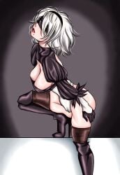 big_breasts big_thighs blindfold glowing_body nier:_automata nier_(series) short_hair short_white_hair white_hair yorha_2b