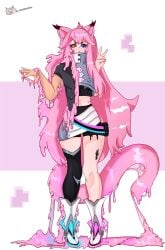 ai.mi angry_face assimilation cute cute_face fanart female gender_transformation girl monster_girl neko nekomimi omega_strikers pink_background pink_hair slime transformation ushimoomoo white_background