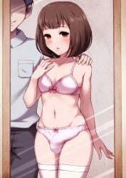 2boys arm_on_shoulder bra brown_eyes brown_hair bulge bulge_through_clothing clothed crossdressing femboy human human_only lingerie medium_hair mirror panties penis_in_panties penis_under_clothes shy thighhighs thighs trap wataya_2 white_legwear white_thighhighs