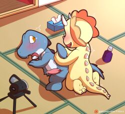 amagi_brilliant_park anal anal_penetration anthro blue_body blush camera dinosaur duo hi_res lube_bottle male male/male male_only non-human penis red_eyes tagme tagme_(artist) tears triceratops triken uncensored wanipi yaoi yellow_body yellow_eyes