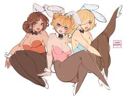 3girls animal_ears bent_legs blonde_hair blue_eyes brown_hair bunny_ears bunny_girl bunny_tail bunnysuit cleavage clothing crossed_legs crown detached_collar fake_animal_ears fake_tail female female_only full_body hair_over_one_eye heels hi_res kamii_momoru leg_up leotard long_hair looking_at_viewer mario_(series) multiple_girls neck_ribbon nintendo pantyhose princess_daisy princess_peach princess_rosalina simple_background sitting smiling smiling_at_viewer strapless strapless_leotard tail thick_thighs thighs white_background wrist_cuffs