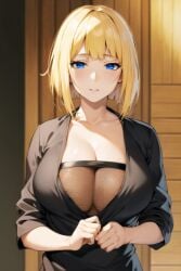 1girls ai_generated bare_chest big_breasts blonde_hair blue_eyes blunt_bangs blush bob_cut breasts breasts breasts breasts_bigger_than_head busty center_opening collarbone desenhista_fans dress dress_pull embarrassed eyelashes female female_only huge_breasts inviting inviting_to_sex kunoichi large_breasts long_hair mature mature_female mature_woman mesh mesh_shirt nai_diffusion naruto naruto_(series) naruto_shippuden ninja no_bra offering offering_to_viewer oppai paizuri_invitation pinup presenting presenting_breasts pulled_by_self sagging_breasts samui shiny shiny_hair shiny_skin solo solo_focus stable_diffusion top_heavy upper_body voluptuous voluptuous_female