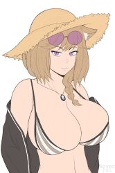 1girls 2023 animal_ears arknights big_breasts bikini_top braid brown_hair female female_only hat hi_res kemonomimi long_hair looking_at_viewer necklace portrait purple_eyes roverpng smiling smiling_at_viewer solo straw_hat sunglasses sunglasses_on_head utage_(arknights) utage_(summer_flowers)_(arknights) white_background