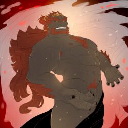 1boy abs absurdres arm_hair armlet bara beard bitediamond black_nails body_fur chest_hair colored_skin convenient_arm diamondwerewolf facial_hair feet_out_of_frame flaccid forked_eyebrows ganondorf green_skin highres huge_eyebrows large_hands large_pectorals leaning_back long_hair male_focus male_only male_pubic_hair mature_male muscular muscular_male navel navel_hair nipples official_alternate_costume orange_hair pectorals penis penis_peek pubic_hair solo solo_male stomach tattoo tears_of_the_kingdom the_legend_of_zelda thick_eyebrows thick_thighs thighs topless_male veins veiny_arms