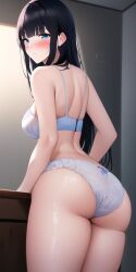 ai_generated black_hair blue_eyes blush breasts completely_nude embarrassed hips mahouka_koukou_no_rettousei naked nude pointy_chin pussy shiba_miyuki stable_diffusion thighs