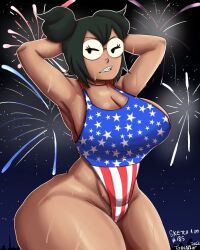 1girls 2023 4th_of_july american_flag_print armpits female female_only fireworks front_view glasses green_hair hands_behind_head looking_at_viewer natt_(tool01k) original page_185 solo swimsuit thick_thighs tool01k wide_hips