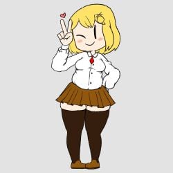 blonde_hair blush brown_skirt chibi chibi_style chubby collared_shirt hairclip hololive hololive_english hololive_myth large_breasts ludovua mob_face necktie one_eye_closed peace_sign plaid_skirt plump shoes short_hair skirt smile smol_ame thick_thighs thighhighs thighs virtual_youtuber watson_amelia wink youtube