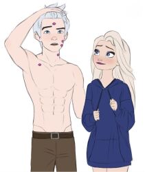 1boy 1boy1girl 1girls abs artstyle_imitation blonde_female blonde_hair blue_eyes boyfriends_shirt crossover disney disney_princess dreamworks elsa_(frozen) fanon_couple female flirting frozen_(film) hoodie jack_frost jack_frost_(rise_of_the_guardians) jelsa kiss_mark light-skinned_female light-skinned_male lipstick lipstick_mark male male/female paramount_pictures purple_lipstick rise_of_the_guardians sex shirtless shirtless_(male) silver_hair straight