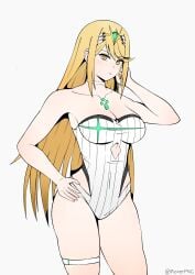 1girls 2022 blonde_hair core_crystal female female_only hand_on_hip hi_res legband leotard long_hair looking_at_viewer mythra nintendo roverpng solo thigh_squish white_background xenoblade_(series) xenoblade_chronicles_2 yellow_eyes