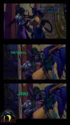 1futa 1girls 3d big_breasts blizzard_entertainment cheating comic comic_page cucked_by_futa cuckold dialogue equine_penis futanari green_hair holding_penis horsecock netorare night_elf ntr purple_skin satyr tyrande_whisperwind warcraft world_of_warcraft zilertt