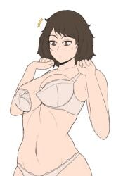 1girls 2023 bra brown_eyes brown_hair female female_only hi_res medium_hair persona persona_5 roverpng sadayo_kawakami solo three-quarter_portrait underwear wardrobe_malfunction white_background