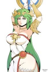 1girls 2022 dress female female_only green_eyes green_hair hi_res kid_icarus kid_icarus_uprising long_hair looking_at_viewer narrowed_eyes nintendo no_panties palutena roverpng solo white_background