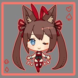 blue_eyes bowtie brown_hair bunny_ears bunnysuit caleen_keemosn cards chibi commission cuffs eyebrows_visible_through_hair fox_ear fox_girl fox_tail hair_ribbon kemonomimi kitsunemimi looking_at_viewer multiple_tails original_design safe_for_work standing_on_one_leg star_ocean star_ocean_anamnesis thick_thighs thighhighs totonosyo twintails very_long_hair wink