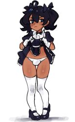 1boy 2022 ahoge black_hair blush bulge crossdressing dark-skinned_femboy dark_skin femboy girly gloves maid_uniform male male_only original original_character panties panty_bulge seisoporl short_hair skirt_lift thighhighs tummy white_background