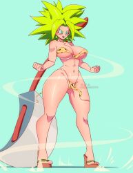 1girls absurd_res breasts curvy dragon_ball dragon_ball_super feet female female_only green_hair hi_res high_heels huge_breasts kefla legendary_super_saiyan lunaexhabbitix nipple_slip solo solo_female super_saiyan super_saiyan_2 thick thick_ass thick_thighs thong weapon wedge_heels