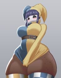 bangs belt blush bottom_heavy dark-skinned_female dark_skin dead_source duomi_(kalmoire) fan_character female huge_hips jester jester_cap large_ass large_breasts macrolint mario_(series) mask oc purple_hair shy_gal solo thick_ass thick_thighs thighs voluptuous