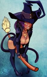 animal_ears areola_slip ass blair_(soul_eater) bleach blush boots breasts broom broom_riding cat_ears cat_girl cat_tail cleavage_cutout clothing_cutout cosplay crossover dark-skinned_female dark_skin feline hat highres large_breasts looking_at_viewer makeup my_pet_tentacle_monster nipple_slip nipples purple_hair shihouin_yoruichi smile soul_eater tail thick_thighs thighhighs thighs witch witch_hat yellow_eyes