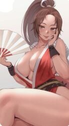 artist_request big_breasts brown_eyes brown_hair eyelashes fan fatal_fury female female_only handband kimono king_of_fighters kunoichi mai_shiranui red_kimono shinobi simple_background solo source_request thick_thighs white_skin