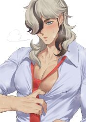 1boy arven_(pokemon) blush grey_hair haiki396g male male_only muscles muscular_male pecs pokemon pokemon_sv solo solo_male sweat undressing