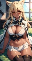 1girls 2023 ai_generated animal_ear_fluff animal_ears anime_nose bare_midriff blonde_hair blush boyshorts cleavage cleavage_window clothed curvaceous curvy_body curvy_figure dark-skinned_female dark_skin ear_tuft female_focus female_only fox_ears fox_girl guilty_gear legwear long_hair looking_at_viewer navel ramlethal_valentine short_shorts sitting solo_female solo_focus stable_diffusion sweat tan-skinned_female tan_skin thick_thighs uniform voluptuous voluptuous_female yellow_eyes