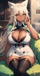 1girls 2023 ai_generated animal_ear_fluff animal_ears anime_nose blonde_hair blush boyshorts cat_ears catgirl cleavage cleavage_window clothed curvaceous curvy_body curvy_female curvy_figure dark-skinned_female dark_skin dress ear_tuft female_only fox_ears fox_girl guilty_gear high_resolution huge_breasts legwear long_hair looking_at_viewer ramlethal_valentine seductive_look short_shorts solo_focus stable_diffusion sweat tan-skinned_female tan_skin thick_thighs underwear uniform voluptuous voluptuous_female yellow_eyes