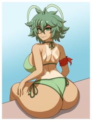 1girls aria_aileron_(littlepengo) armband ass bikini dat_ass female female_only green_eyes green_hair kappathan_(artist) large_breasts littlepengo looking_at_viewer looking_back metalkaiser oc original original_character smile solo swimwear tan_body tanlines