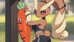 2023 anthro anthro_only ass black_sclera blurred_background breasts brown_body brown_ears brown_fur brown_tail carrot clothed clothing drunkoak female fur furry furry_only game_freak giant_carrot hi_res lopunny midriff nintendo picture_(object) pokemon pokemon_(species) solo sports_bra tail