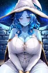 1girls ai_generated blue_body blue_eyes blue_hair blue_skin breasts curvy_body curvy_female curvy_figure dress elden_ring female female_only fromsoftware huge_breasts looking_at_viewer mature_female neyro_artz ranni_the_witch stable_diffusion voluptuous voluptuous_female witch witch_hat