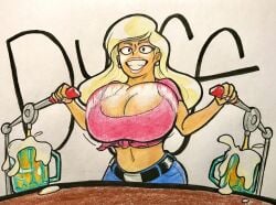 alcohol bartender beer beer_mug big_breasts bimbo blonde_female blonde_hair bouncing_breasts breasts clothing duff_beer huge_breasts jeans jumping large_breasts makeup oh_gosh_levi smile tan tan_body tan_skin the_simpsons titania_(the_simpsons) trashy