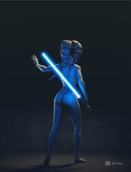 2023 3d_(artwork) aayla_secura absurd_res airress3d airress3d_(3d-modeller) alien alien_humanoid ass back_boob blue_body blue_skin breasts digital_media_(artwork) feet female headgear hi_res humanoid lekku_(anatomy) lightsaber melee_weapon not_furry nude pose rear_view solo spots star_wars text twi'lek weapon