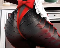 1girls 2023 ai_generated anthro apron ass ass_focus big_ass big_butt black_scales dragon female female_only kitchen maid maid_outfit maid_uniform multicolored_body natural_armor red_bow red_scales red_thong scales scalie scalieton scantily_clad self_upload stable_diffusion thong tight_clothing