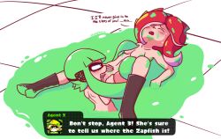 2girls agent_3_(splatoon) blush boots breasts cunnilingus dialogue embarrassed embarrassed_nude_female enf exposed_breasts exposed_pussy gameplay_mechanics hud ink inkling inkling_girl interrogation lewdiesquid licking_pussy marie_(splatoon) multiple_girls nervous nintendo nude nude_female octoling octoling_girl pussy pussy_juice red_eyes red_hair splatoon stuck sweat tears tentacle tentacle_hair tentacles_around_legs trapped wet wet_pussy yuri