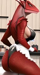 1girls 2023 ai_generated anthro apron ass ass_focus big_ass big_butt black_thong breasts dragon female female_only horned_female horned_humanoid horns kitchen looking_back maid maid_outfit maid_uniform multicolored_body natural_armor red_body red_scales scales scalie scalieton scantily_clad self_upload stable_diffusion thong tight_clothing