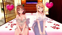 1boy 2girls 3d animated areolae atelier_(series) atelier_ryza bed blonde_hair bouncing_breasts breasts brown_eyes brown_hair censored collaborative_fellatio cum cum_in_mouth cum_inside cum_three_times cumshot dark-skinned_male dark_skin ejaculation ejaculation_between_breasts fellatio female ffm_threesome finger_in_mouth green_eyes hand_on_another's_head handjob indoors klaudia_valentz koikatsu licking_finger light-skinned_female light_skin male mosaic_censoring nipple_play nipples oral paizuri peh-koi reisalin_stout sound tagme threesome video