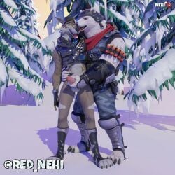 3d_background anthro balls bear canid canine canis clothed clothing duo epic_games fortnite genitals hi_res looking_at_another looking_at_partner male male/male mammal partially_clothed penis polar_bear polar_patroller red_nehi stroking_penis ursine wendell_(fortnite) wolf