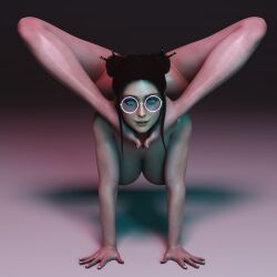 1girls 3d 3d_(artwork) barefoot big_breasts completely_nude completely_nude_female female female_focus female_only full_body glasses gymnastics morning naked naked_female nude nude_female original skyarsenic slender solo solo_female