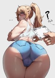 ... 1girls ? ass ass_focus blush breasts character_request commission crossed_arms cutoffs dat_ass denim_shorts elf fat_mons fingernails from_behind huge_ass large_breasts long_hair offscreen_character original owo pointy_ears ponytail pov_hands shorts sports_bra sweat thiccwithaq thick_thighs white_sports_bra