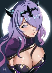 1girls breasts camilla_(fire_emblem) cleavage elbow_gloves female female_only fire_emblem fire_emblem_fates from_above full_moon gloves hair_over_one_eye horns ihsnet large_breasts long_hair looking_at_viewer looking_up moon multicolored_hair my_eyes_are_up_here night nintendo purple_eyes purple_hair smile very_long_hair