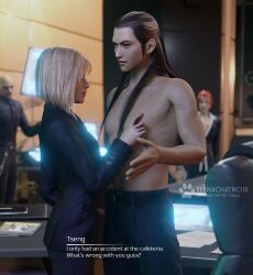 1girls 3d bare_chest clothed_female elena_(final_fantasy) elenachatnoir english_text final_fantasy final_fantasy_vii final_fantasy_vii_remake flirting male office reno rude_(final_fantasy_vii) shirtless text tseng turks