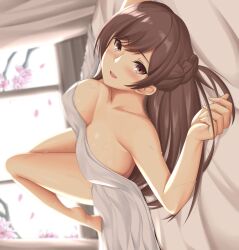 1girls :d arcie_albano arciealbano bare_shoulders bed bed_sheet bedroom blush braid breasts brown_eyes brown_hair cherry_blossoms cleavage curvaceous curvy curvy_body curvy_female curvy_figure falling_petals female female_human french_braid highres huge_breasts human human_only kanojo_okarishimasu large_breasts legs_up long_hair looking_at_viewer lying mizuhara_chizuru naked_sheet on_back open_mouth petals smile solo solo_female solo_focus sweat white_skin white_skinsuit window