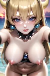 1girls abs ai_generated arm_gloves armpits bangs beach blonde_hair blue_eyes bowsette breasts close close-up close_up demon_horns detailed_eyes earrings erect_nipples eye_contact eyelashes eyeliner eyeshadow female female_only fit_female genderswap_(mtf) highres holding_viewer horns large_breasts large_eyes leaning_forward lipstick long_hair looking_at_viewer loose_hair mario_(series) new_super_mario_bros._u_deluxe nintendo no_pubic_hair nude nude_female ocean ray_tracing red_lipstick rule_63 shadow slight_blush smile smiling smiling_at_viewer solo spiked_collar sunset undressed untied_hair yellow_hair